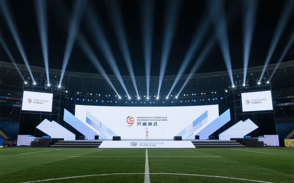 开幕式舞台与足球场草坪在同一视觉主题下的联动