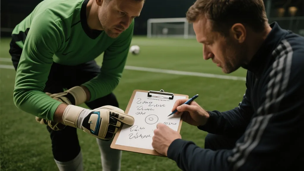教练与门将赛前查看笔记与战术卡片，准备点球大战