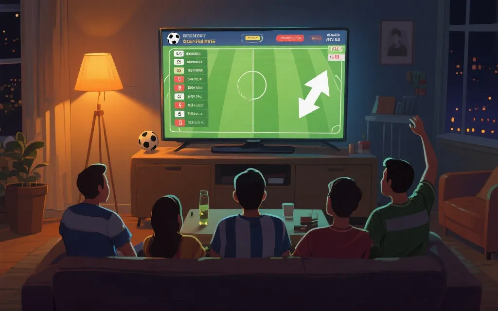 球迷在客厅看世界杯直播，电视上显示小组积分榜与晋级示意，温暖写实风